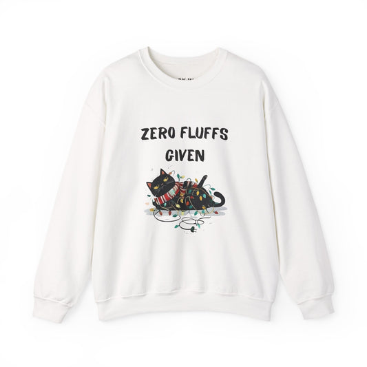 “Zero Fluffs Given” Cat Crewneck Sweatshirt — Funny Holiday Cat Lover Pullover