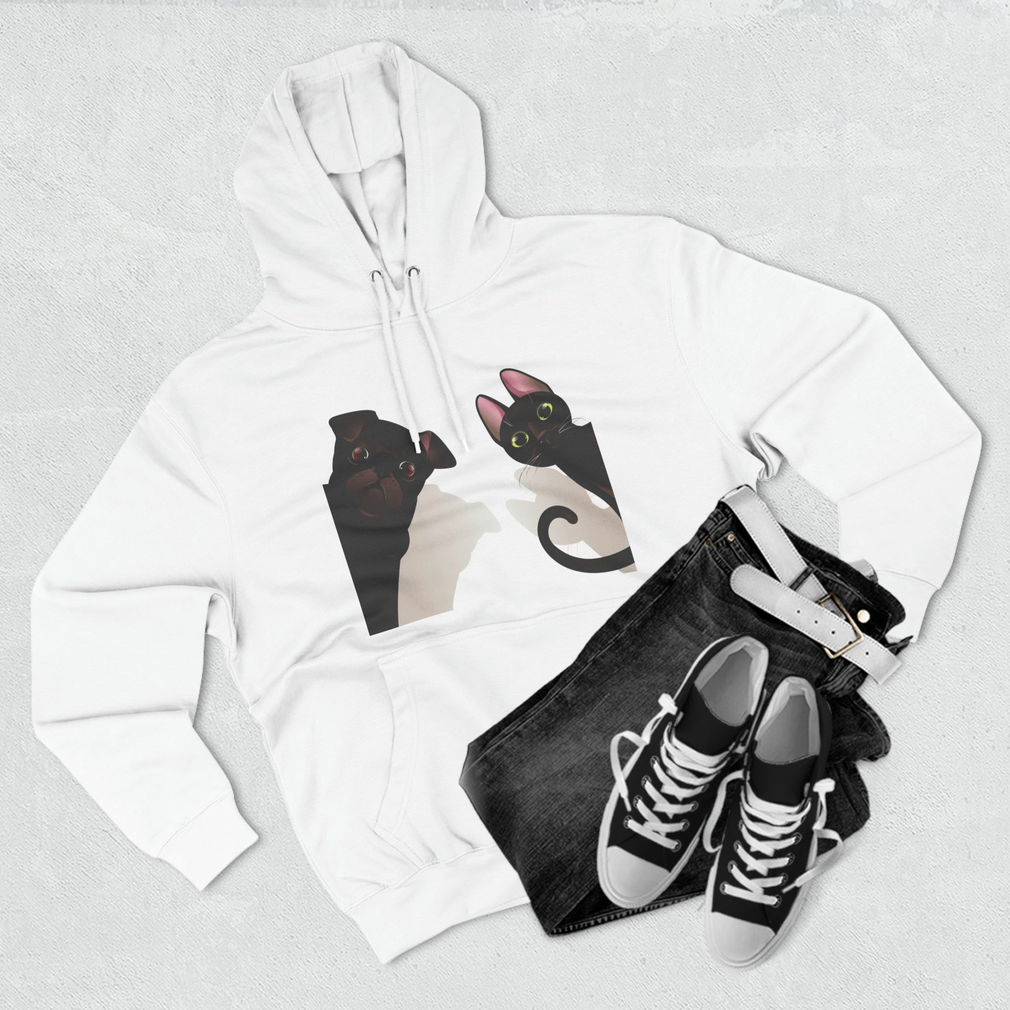 Pug Hoodie: Black Pug and Black Cat Pug Hoodie: Black Pug and Black Cat