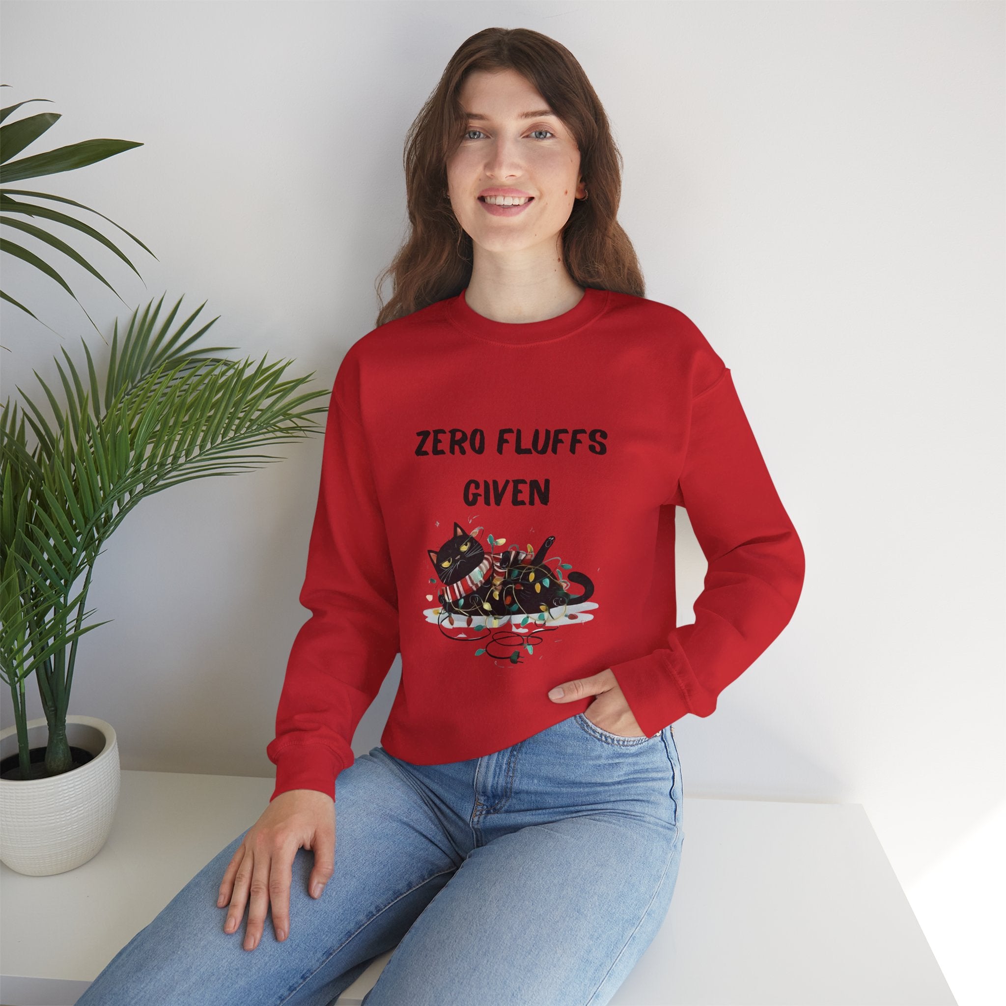 “Zero Fluffs Given” Cat Crewneck Sweatshirt — Funny Holiday Cat Lover Pullover