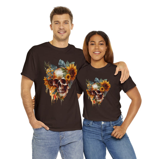 Skull T-Shirt: Skull and Sunflowers
